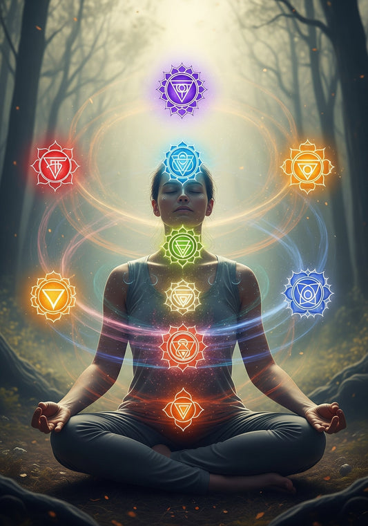 Immagine che mostra una persona in posa meditativa, circondata da un'energia colorata che rappresenta i sette chakra