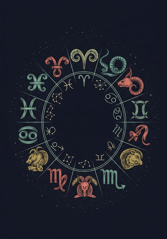 Illustrazione dettagliata di tutti i dodici simboli zodiacali disposti in cerchio. Ogni simbolo è reso con intricate linee e colori vivaci. Lo sfondo è di un blu scuro profondo, con stelle sparse sulla tela, creando un'atmosfera celeste